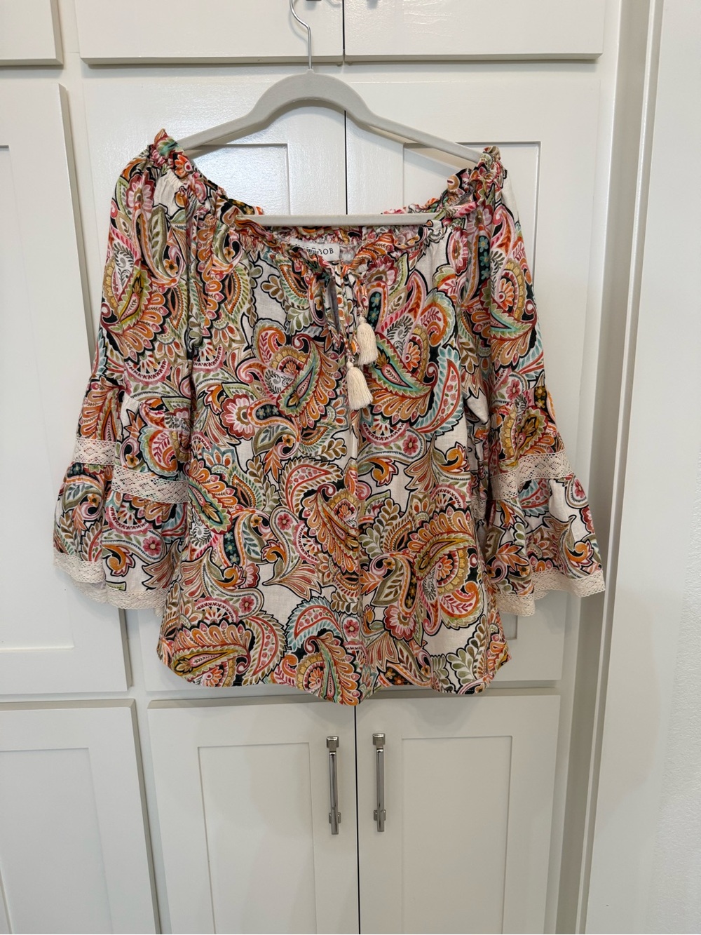Boho Paisley Off-Shoulder Blouse with Tassel Tie - Multicolor